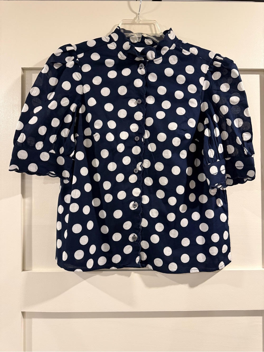 Navy Polka Dot Button-Front Puff Sleeve Top
